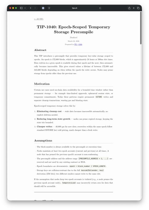 A screenshot of a technical document titled 'TIP-1040: Epoch-Scoped Temporary Storage Precompile,' discussing blockchain data availability with sections for Abstract, Motivation, and Assumptions.
