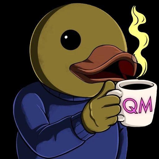 An illustration of a cartoon duck wearing a blue sweater, holding a steaming white mug labeled "QM" in pink letters.
