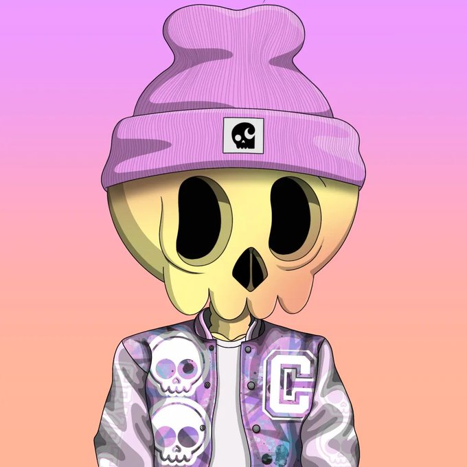 A digital illustration of a character wearing a skull mask with large black eyes, a purple beanie with a small skull patch, and a patterned varsity jacket featuring skull graphics and the letter 'C'.