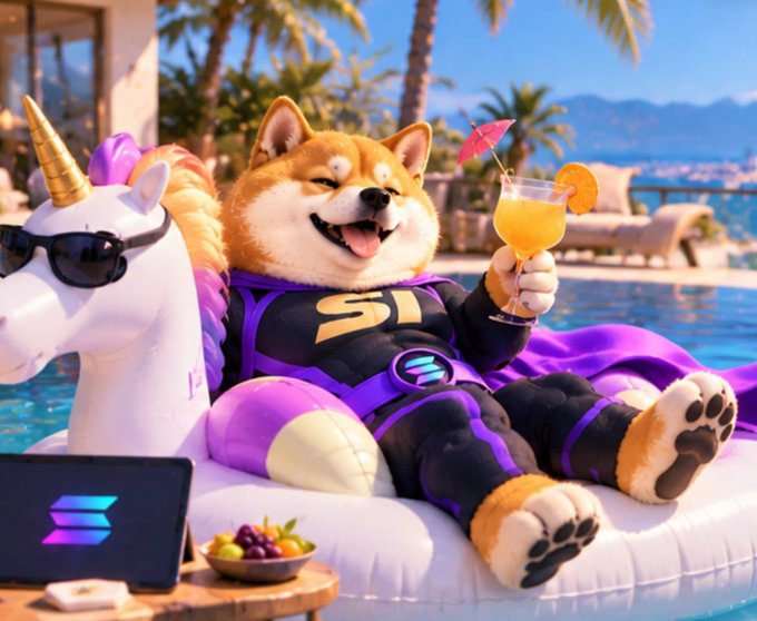 A Shiba Inu character wearing a purple and black "SI" spacesuit relaxes on a unicorn pool float, sipping an orange cocktail by a sunny poolside with a laptop nearby. The image playfully illustrates the post's message of $SI "chilling" before its token launch at 16:00 UTC, with the branded suit and laptop reinforcing the crypto promotional vibe.