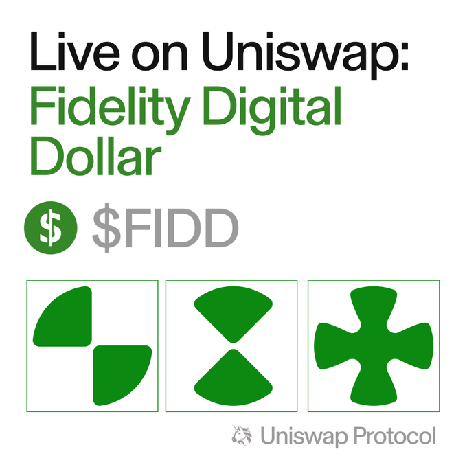 The image features a green square containing three different shapes - a triangle, a circle, and an oval. The text "Live On Uniswap" is written above these shapes, while "Fidelity Digital Dollar" is below them. The background of the image is white with black text that reads "$FIDD".