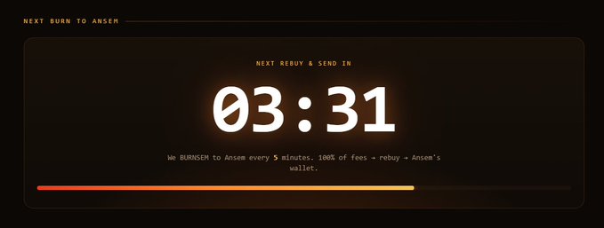 A dark-themed countdown timer displaying "03:31" with the text "NEXT REBUY & SEND IN" and "NEXT BURN TO ANSEM," mentioning that 100% of fees are rebought and sent to Ansen's wallet.