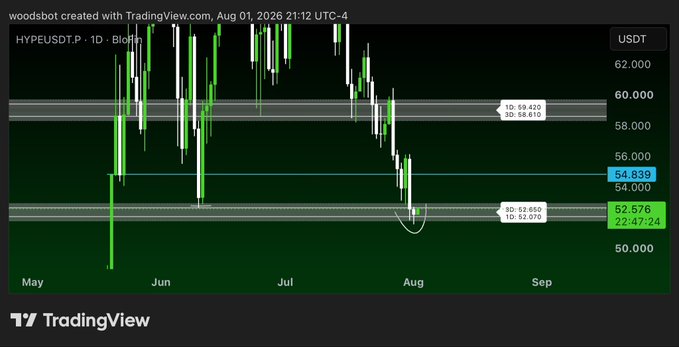 The image shows a TradingView daily chart of HYPEUSDT.P, with the price recently dipping to around 52.576 before recovering toward 54.839, near a highlighted 1D demand zone. It visually supports the post's claim that $HYPE is holding the 1D timeframe after sweeping the monthly low, indicating a potential setup for upward movement.