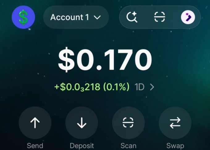 A crypto wallet app interface showing a balance of "$0.170" with a 1D change of "+$0.03218 (0.1%)" on a dark starry background, with Send, Deposit, Scan, and Swap action buttons.