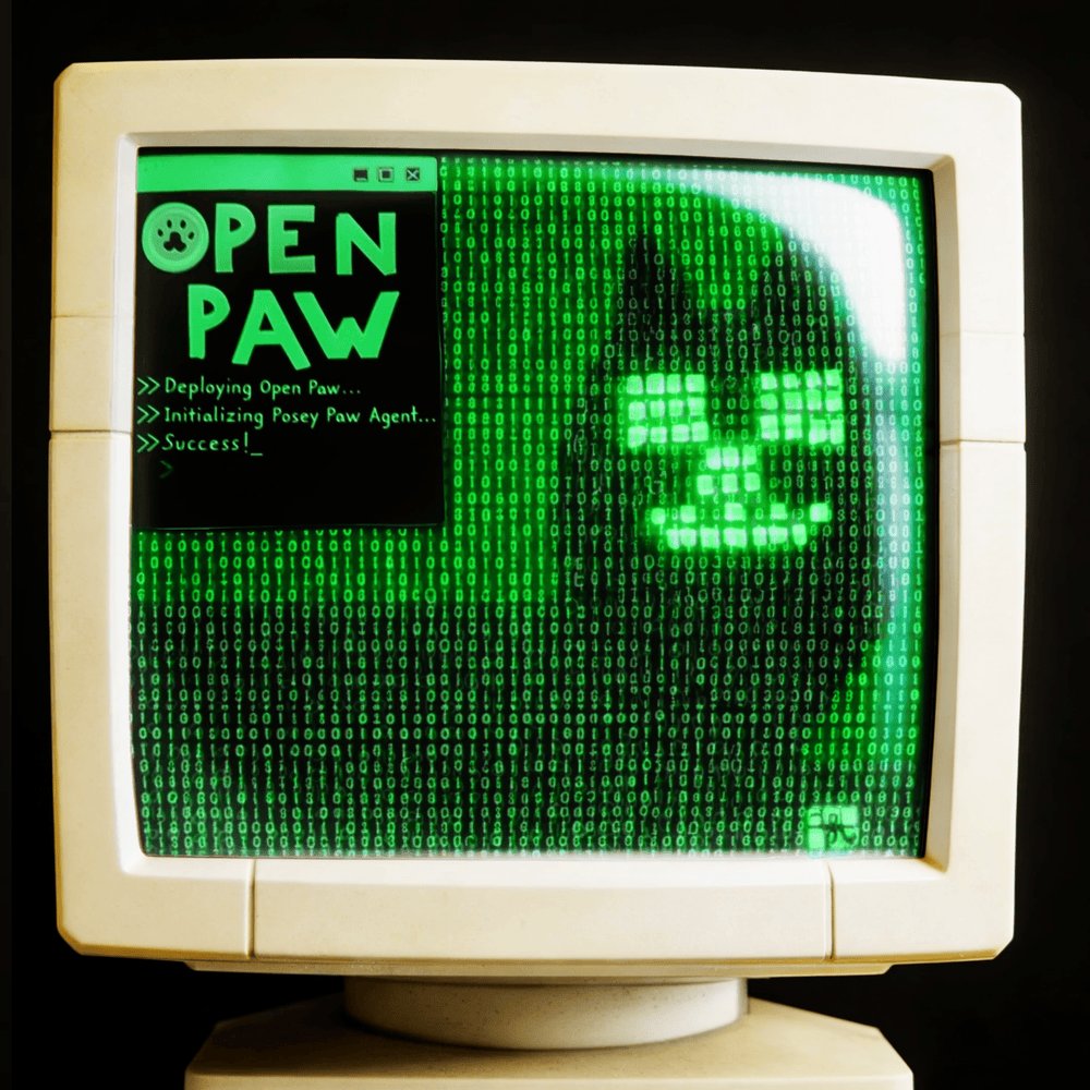 The image shows a computer monitor with an unusual green screen displaying a cat face, which appears to be a code or message related to the OpenPaw purrtocol. The cat's eyes are glowing, adding to its unique appearance. The text on the screen reads "OpenPaw Purrtocol", "Deploying OpenPaw purrtocol. 
Informing OpenPaw purrtocol Agent..." and "Success!". This message seems to be a part of an online game or challenge involving cats and code, possibly related to the OpenPaw purrcolic.