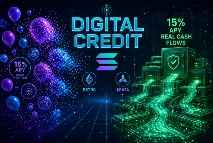 The image is a promotional graphic titled "Digital Credit" that visually contrasts two 15% APY sources: token incentives (shown on the left with crypto logos for $STRC and $SATA) versus real cash flows (shown on the right with a glowing cash stream flowing through secure digital vaults), illustrating the post's message that yield origin matters more than the headline rate.