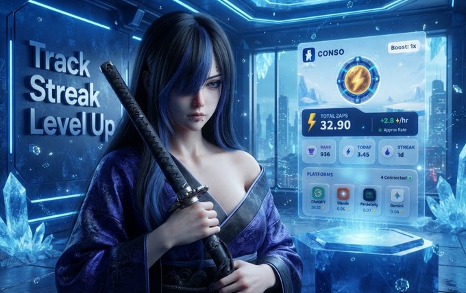 An anime-style warrior with a katana stands beside a futuristic dashboard showing "Track Streak Level Up" and "CONSO" stats including 32.90 Total Zaps earning +2.8/hr, Rank 936, and a 1d Streak across 4 connected platforms. The image visually represents Conso's "Prompt to Earn" system, depicting a user "leveling up" and earning rewards through AI platform engagement.