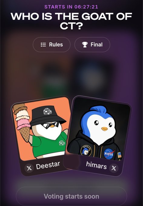 Mobile app screen asking 'WHO IS THE GOAT OF CT?' featuring two penguin avatar cards for users 'Deestar' and 'himars', with voting starting soon.