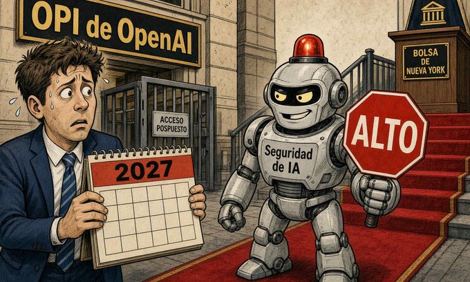 A cartoon illustration depicts a nervous businessman holding a 2027 calendar facing a robotic 'AI Security' guard holding an 'ALTO' (Stop) sign at the entrance to 'OPI de OpenAI' with 'Bolsa de Nueva York' (New York Stock Exchange) in the background.