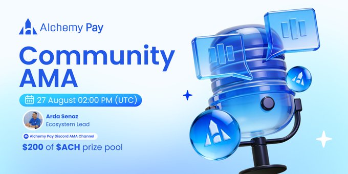 The image is a promotional graphic for an Alchemy Pay Community AMA event scheduled for August 27th at 02:00 PM (UTC), featuring Arda Senoz (Ecosystem Lead) and offering a $200 $ACH prize pool. The design showcases a stylized blue 3D microphone surrounded by chat bubbles and the Alchemy Pay logo, visually reinforcing the AMA's interactive discussion format tied to the giveaway contest mentioned in the post.