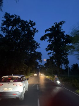 A nighttime street view shows a white car driving on a road lined with trees under a dark blue sky.