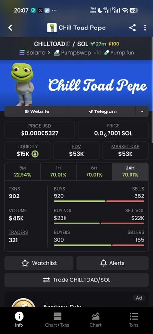 A screenshot of the Dexscreener page for the Chill Toad Pepe ($CHILLTOAD/SOL) token on Solana shows it was just launched 27 minutes ago, with a tiny $53K market cap and $0.00005327 price, matching the post's call to ape into this fresh Pump.fun memecoin.