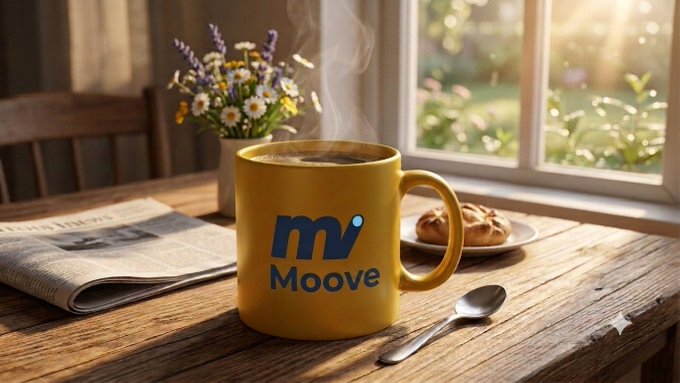 A yellow ceramic mug with the blue 'Mooove' logo sits on a wooden table next to a newspaper, spoon, and pastries, with a vase of flowers in the background.