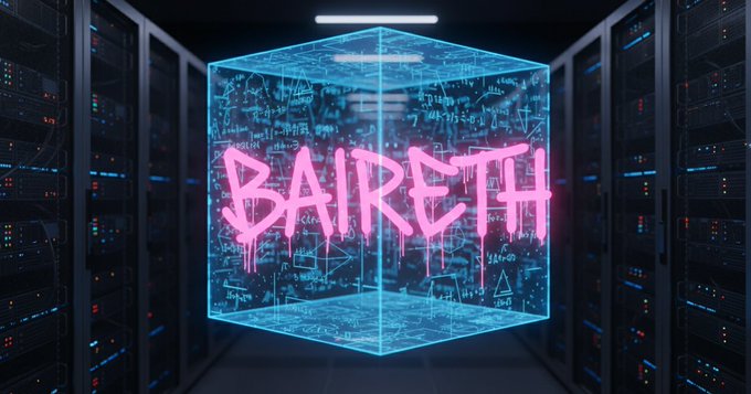 The image features a neon cube with the word "Baiireth" written on it, surrounded by computer servers. The text appears to be in a foreign language or script, adding an element of intrigue to the scene. The phrase "Focus on what is in the image and how it relates to the post." suggests that there might be some connection between the neon cube and the post, but more context would be needed to fully understand the relationship.