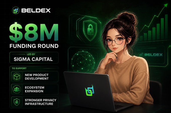 A promotional graphic for Beldex announcing an '$8M FUNDING ROUND' led by 'SIGMA CAPITAL' to support product development, ecosystem expansion, and stronger privacy infrastructure, featuring an illustrated woman with a laptop.