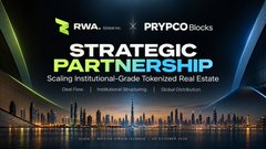 A promotional graphic announcing a 'Strategic Partnership' between RWA Invest and PRYPCO Blocks, scaling institutional-grade tokenized real estate, with a city skyline backdrop.