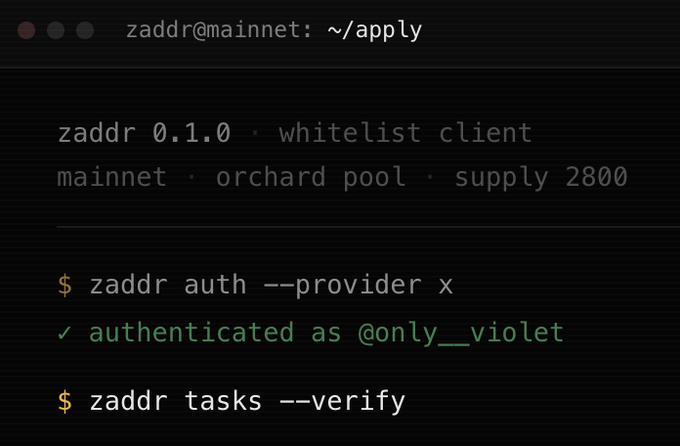 A terminal screenshot showing `zaddr` CLI commands at version 0.1.0, displaying authentication as user `@only__violet` via `zaddr auth --provider x`, followed by a `zaddr tasks --verify` command on mainnet with an orchard pool supply of 2800. The image illustrates the Zaddr whitelist client referenced in the post, which highlights 2800 public faces of shielded Zcash NFT owners whose identities remain private.