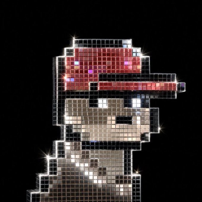 A pixelated/mosaic-style portrait of a character wearing a red backwards cap and headphones, rendered in reflective square tiles against a black background with light glints, resembling the artwork from 'Gorillaz' or a similar music artist.