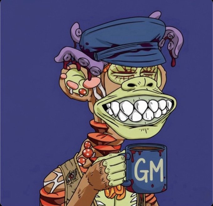 A cartoon zombie turtle character with a purple rag on its head holds a blue mug labeled 'GM' with blood dripping from it, set against a dark blue background.