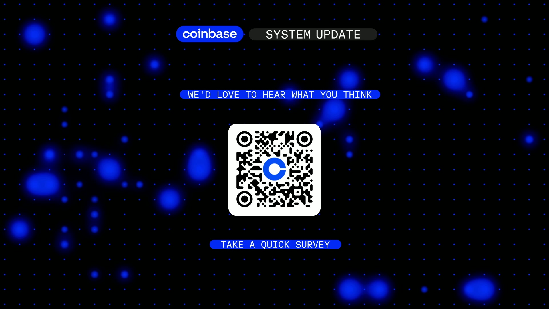 The image features a blue background with white dots, which appears to be an advertisement for coinbase. The text "Flex" is written at the top of the image, while the words "coinbase" are located below it. Below this, there's a QR code that reads "I'll love to hear what you think". In the bottom right corner of the image, there's a small logo for coinbase.