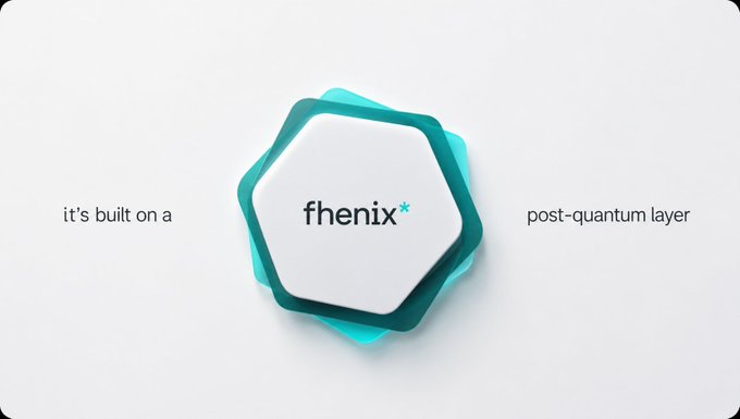 The image features a white square with blue text that reads "fhenix" and "post-quantum layer". The text is positioned above a hexagon, which has been cut into six pieces. The hexagon appears to be made of paper or cardboard, giving it an interesting texture. The background of the image is plain white, allowing the colors from the text and the hexagon to stand out prominently.