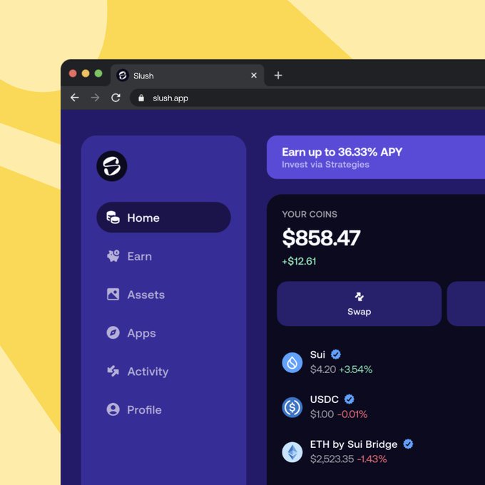 A screenshot of the slush.app website showing a crypto wallet dashboard with navigation options like Home, Earn, and Assets, displaying a balance of $858.47 and listing Sui, USDC, and ETH by Sui Bridge holdings.