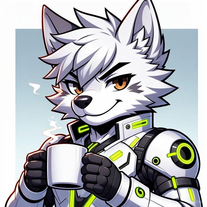 Anime-style anthropomorphic wolf character in white and green futuristic armor, holding a steaming white mug.