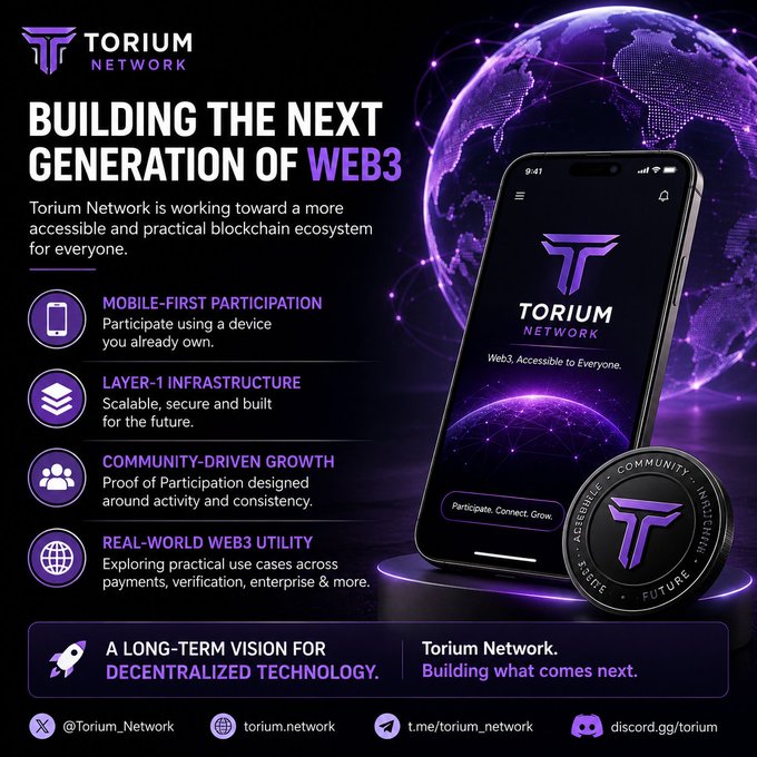 The image is a promotional graphic for "Torium Network" featuring a purple and black color scheme with a smartphone displaying the Torium app, a glowing globe, and a Torium coin, alongside text highlighting their focus on "Mobile-First Participation," "Layer-1 Infrastructure," "Community-Driven Growth," and "Real-World Web3 Utility" to build the "next generation of Web3" that is accessible to everyone.