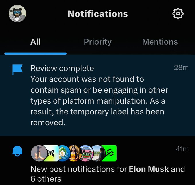 A Twitter 'Notifications' screen shows a 'Review complete' message stating a temporary label has been removed, along with new post notifications including one for Elon Musk.