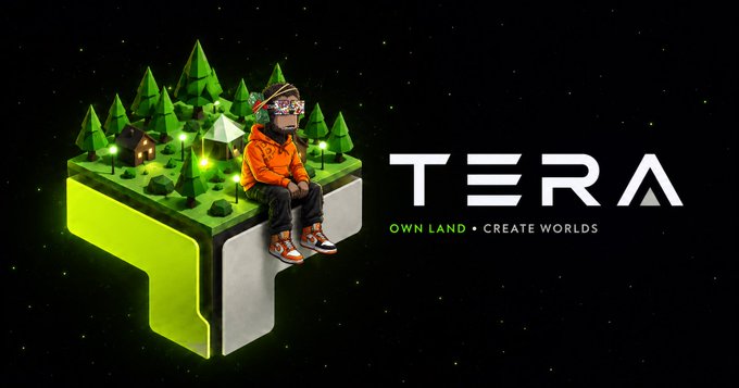 Promotional graphic for 'TERA' with the tagline 'OWN LAND • CREATE WORLDS', showing a 3D character sitting on a floating block with trees and a tent in a starry space setting.