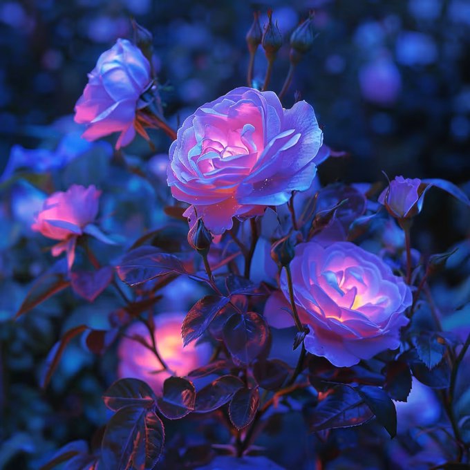 An artistic, stylized image of roses glowing with vibrant pink and blue lighting against a dark background.