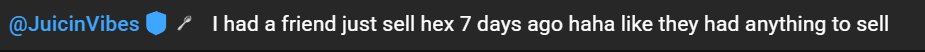 A Discord message from @JuicinVibes mocks a friend who sold HEX 7 days prior, saying "haha like they had anything to sell," which ties into the post celebrating HEX's +59% surge as a "Better Bitcoin" amid rising PulseChain sentiment.