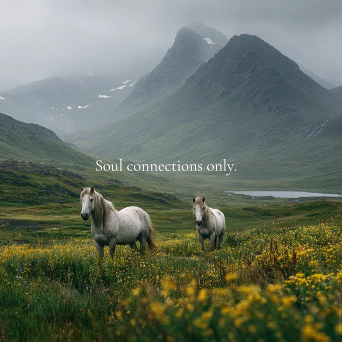 Two white horses stand in a field of yellow flowers with mountains and a lake in the background, accompanied by the text 'Soul connections only.'