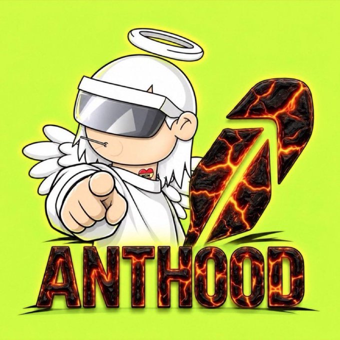 A digital mascot featuring an angel figure with white wings, sunglasses, and a halo, pointing forward next to a fiery logo and the text 'ANTHOOD' on a green background.