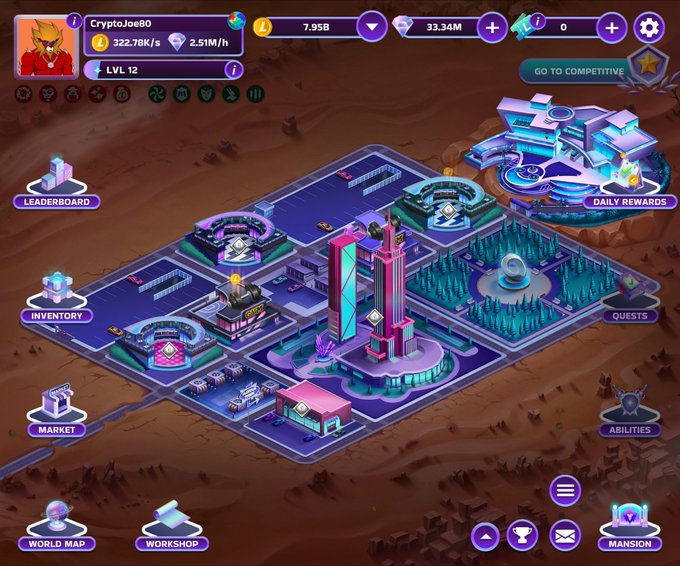 A mobile game screen showing a futuristic city/mafia base with a player named 'CryptoJoe80' at level 12, displaying resources like 7.95B coins and 33.34M diamonds, with menus for Leaderboard, Inventory, Market, Daily Rewards, Quests, World Map, Workshop, Abilities, and Mansion.