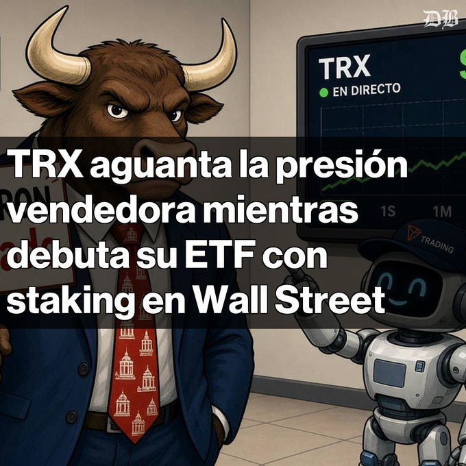An illustration of a bull in a suit with a building-patterned tie standing next to a robot and a screen displaying 'TRX EN DIRECTO', overlaid with Spanish text reading 'TRX aguanta la presión vendedora mientras debuta su ETF con staking en Wall Street'.