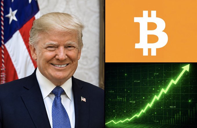 Donald Trump smiles beside a Bitcoin logo and a green upward-trending chart, visually reinforcing the post's optimistic outlook on upcoming bullish developments for the crypto market.