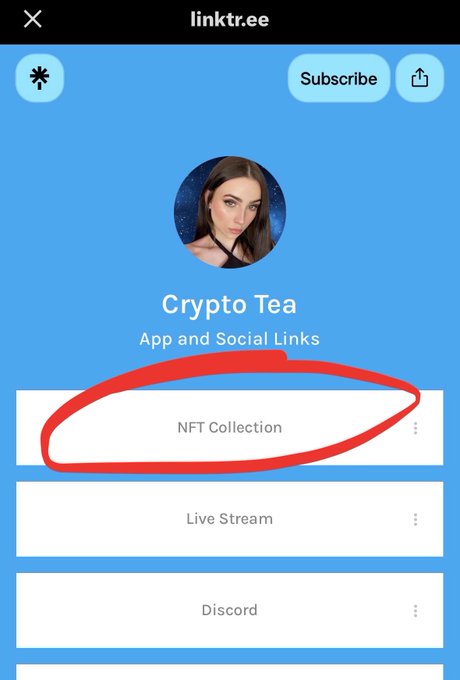 A screenshot of a Linktree page titled "Crypto Tea" with links to NFT Collection, Live Stream, and Discord, with "NFT Collection" circled in red, satirizing the cliché of crypto influencers selling NFTs alongside a self-deprecating "I hate JPEGs, buy my NFT" caption.