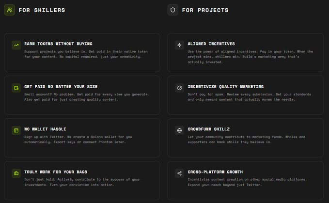 A dark-themed informational layout with sections 'FOR SHILLERS' and 'FOR PROJECTS' detailing features like 'EARN TOKENS WITHOUT BUYING', 'ALIGNED INCENTIVES', and 'GET PAID NO MATTER YOUR SIZE'.