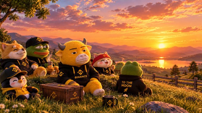 A group of cartoonish mascot characters wearing black Binance-branded hoodies and hats sit on a grassy hillside at sunset, with text 'TO THE MOON' on one jacket and 'BINANCE' on others, enjoying a view of mountains and a lake.