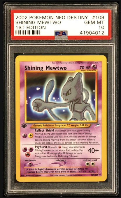 A graded PSA 10 1st Edition holographic 'Shining Mewtwo' Pokémon card from the 2002 Neo Destiny set, #109, encased in a protective slab.