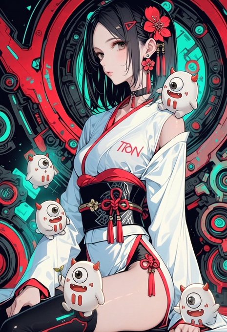 An anime-style digital illustration of a dark-haired woman in a white and red kimono with 'TION' written on it, surrounded by small white horned creatures against a teal and red mechanical background.