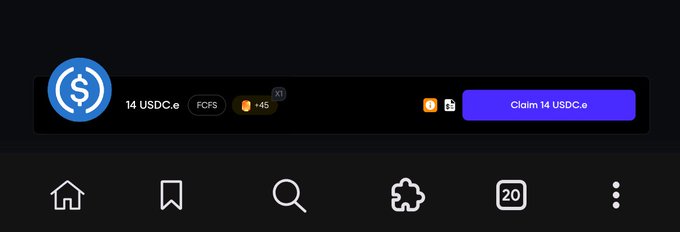 A cryptocurrency wallet interface showing a balance of '14 USDC.e' on the Base network with FCFS available, displaying a 'Claim 14 USDC.e' button and navigation icons at the bottom.
