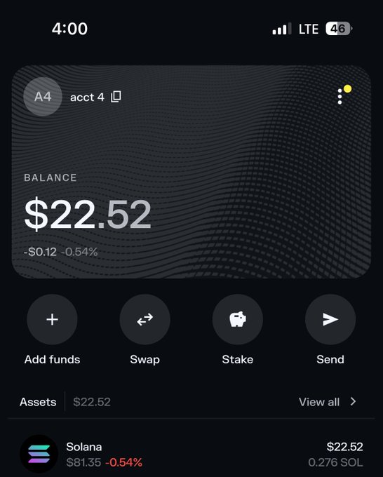 A mobile screenshot of a crypto wallet account (acct 4) showing a balance of $22.52, with 0.276 SOL (Solana) valued at $22.52 ($81.35 price, down 0.54%), and options to Add funds, Swap, Stake, and Send — likely posted as proof of a Solana wallet address to enter a $20 SOL giveaway.