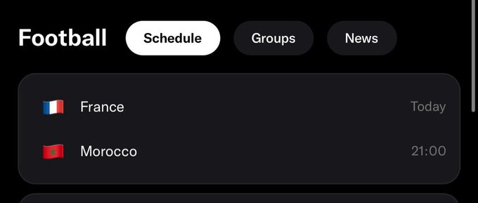 A football schedule displays a matchup between France and Morocco scheduled for today at 21:00, supporting the post's reference to the upcoming game.