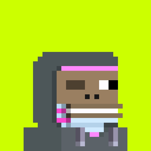Pixel art portrait of a brown-skinned character with a pink headband, dark hair, and a white outfit with pink accents, set against a green background.