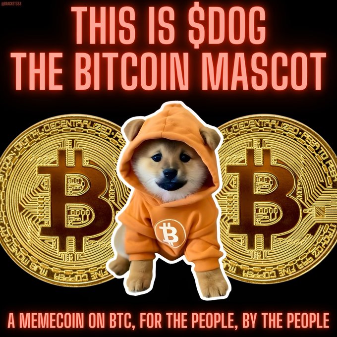 A promotional graphic reading 'THIS IS $DOG THE BITCOIN MASCOT' and 'A MEMECOIN ON BTC, FOR THE PEOPLE, BY THE PEOPLE', featuring a Shiba Inu puppy in an orange Bitcoin hoodie between two large gold Bitcoin coins.