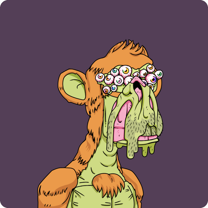 A grotesque cartoon-style illustration of an orange-furred monkey character with multiple eyeballs across its face and green slime dripping from its mouth, set against a purple background.