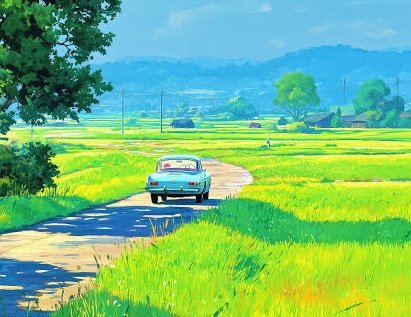An anime-style illustration of a vintage blue car driving down a narrow path through lush green rice fields with mountains in the background.