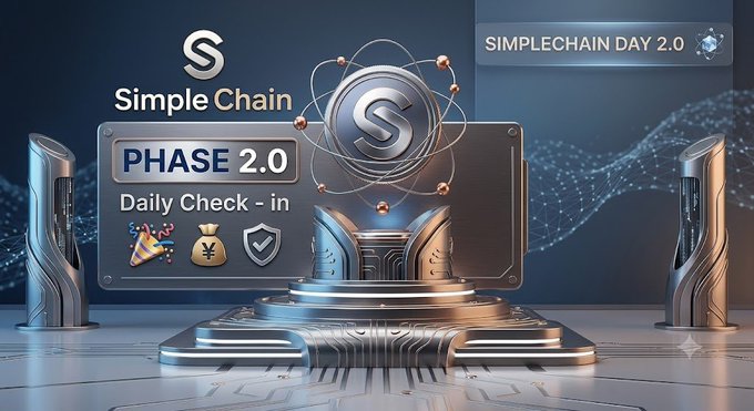 The image is a futuristic, metallic-styled promotional graphic for "Simple Chain Phase 2.0" featuring a glowing atom-like emblem with the "S" logo, flanked by robotic arm structures on a high-tech platform. It displays text including "SIMPLECHAIN DAY 2.0," "PHASE 2.0," and "Daily Check-in," alongside icons of a party popper, a yen-symbol money bag, and a shield—visually reinforcing the post's announcement of the new Daily Check-In Phase 2 campaign and its free earning opportunity.